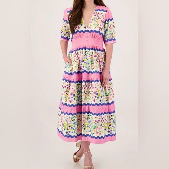 Hope & Ivy v-neck puff sleeve midi smock dress in multi - Picture 2 of 8